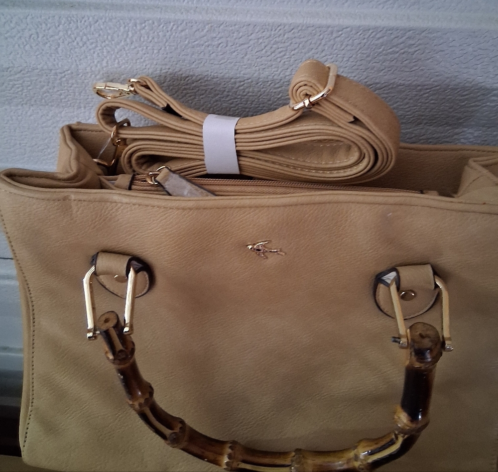 KATE LANDRY BEIGE NWOT Tote Bag with Bamboo Handles/shoulder Straps